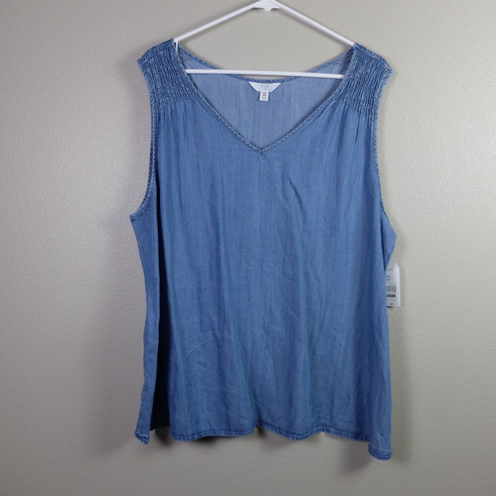 Time and Tru Blue Denim V-Neck Smocked Shoulder Tank Top Size XXL NWT - Picture 3 of 7